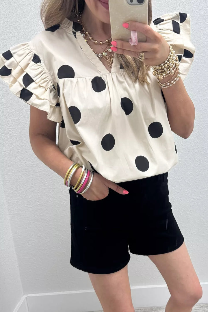 Polka dot ruffle flutter sleeve split V-neck blouse