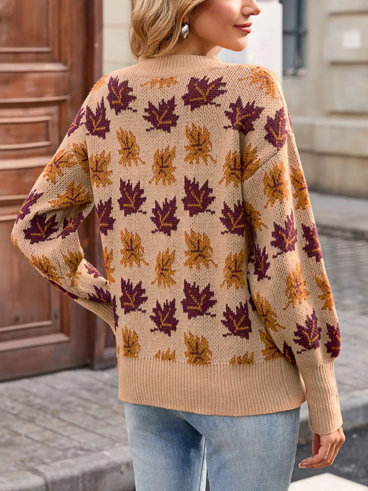 Maple leaf jacquard knit mock neck sweater