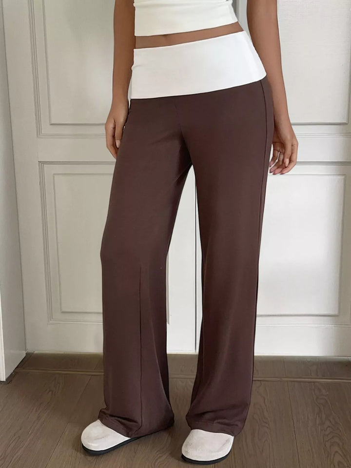 Contrast foldover waistband wide-leg pants
