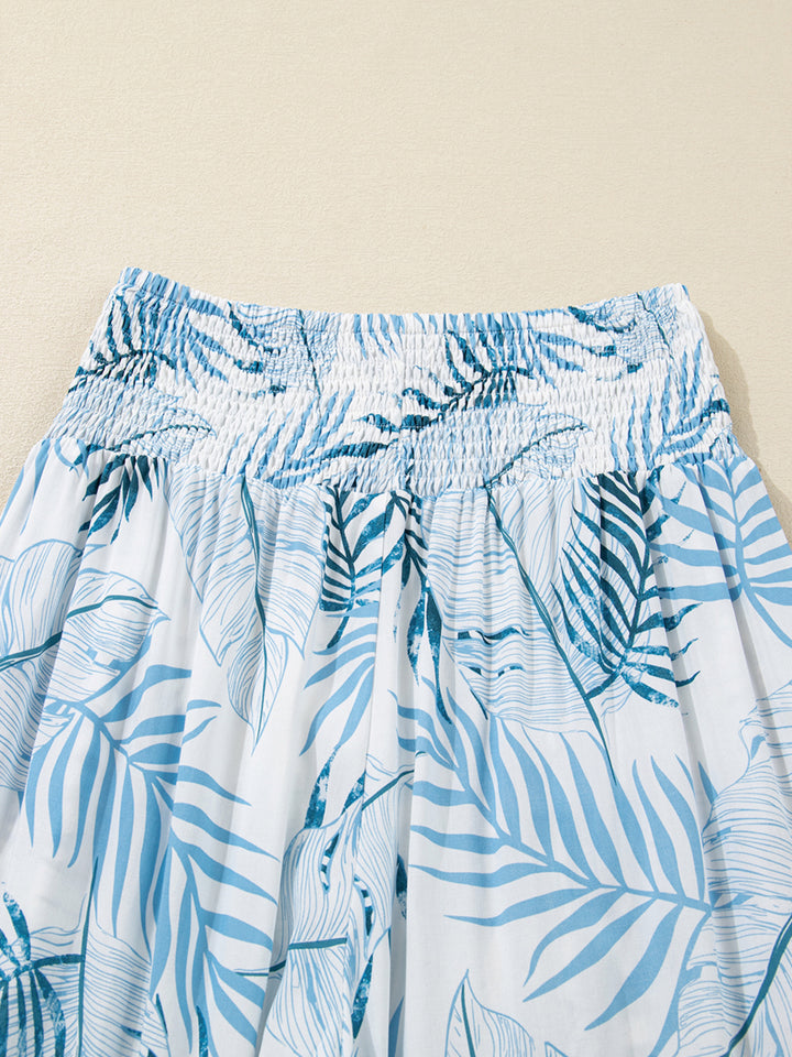 Tropical leaf print shirred-waist wide-leg pants