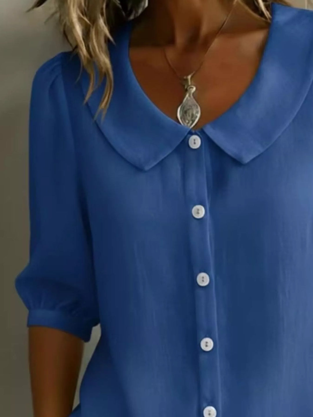 Peter Pan collar button-down blouse with 3/4 sleeves