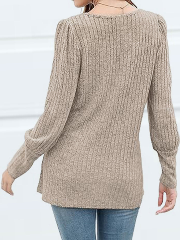 Ribbed knit square neck top with decorative buttons