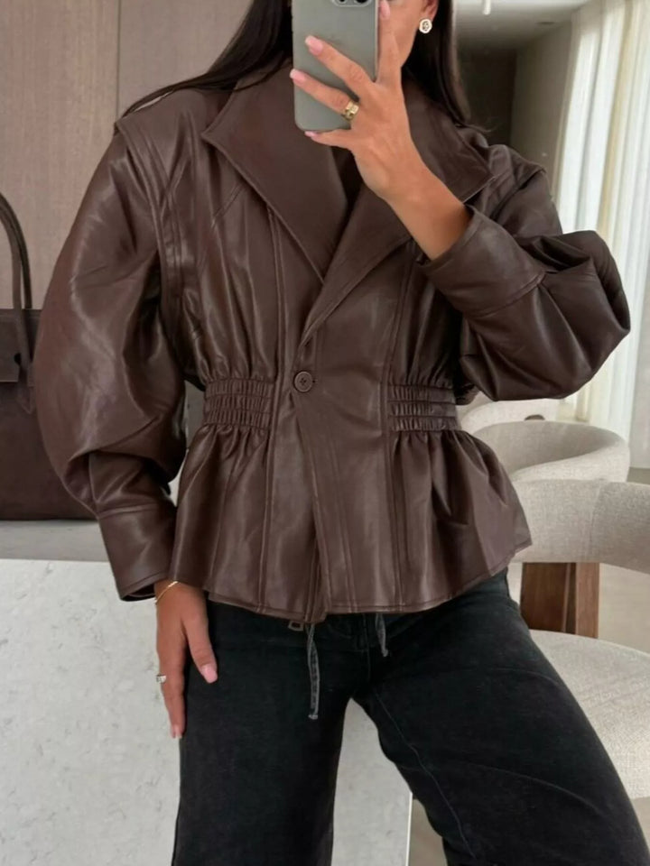 Faux leather peplum jacket with ruched waist