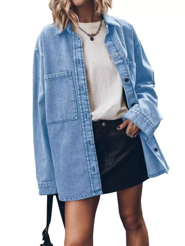 Light Blue Oversized button-up denim shirt with chest pockets
