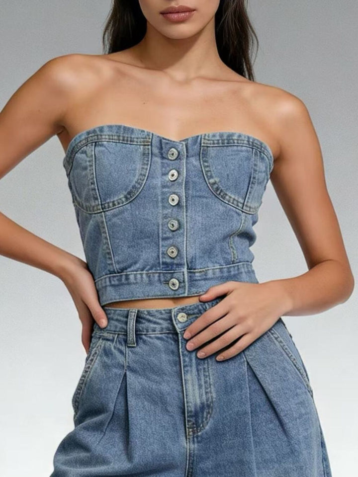 Button-front denim tube top with smocked sides