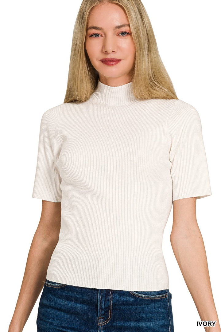 IVORY Ribbed knit mock neck short sleeve top