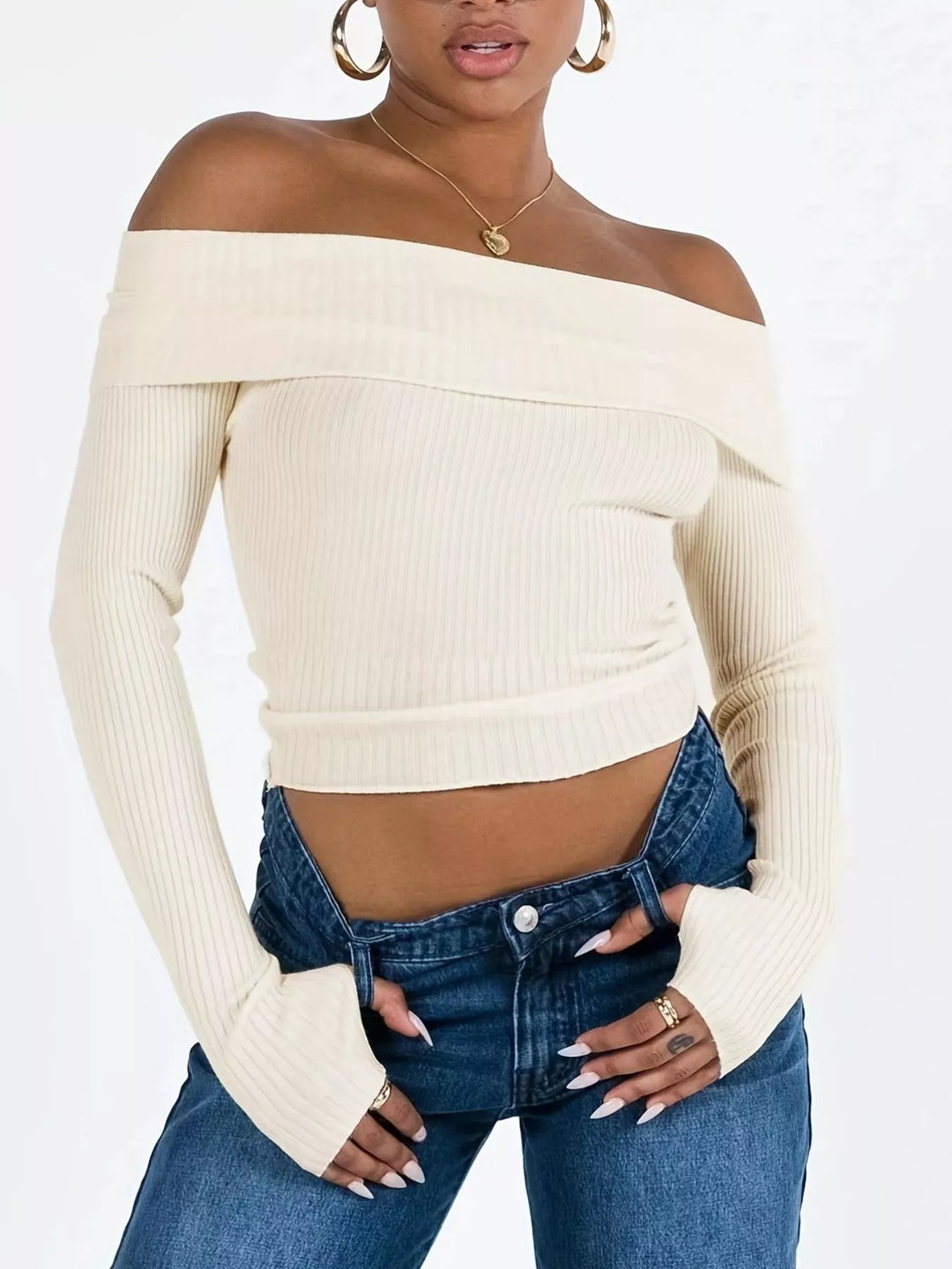 Off-shoulder ribbed knit top with foldover neckline