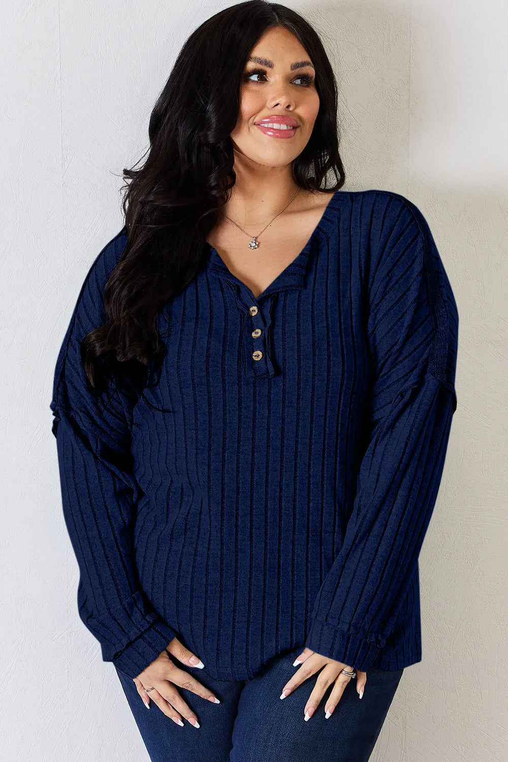 Ribbed knit half-button henley long sleeve top