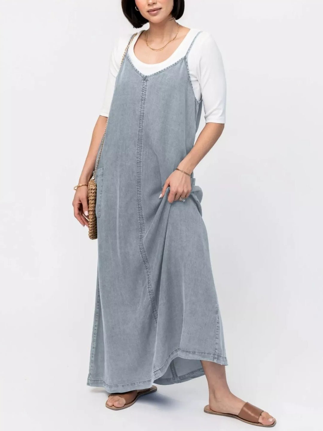 Light Blue Washed denim cami maxi dress with side pockets