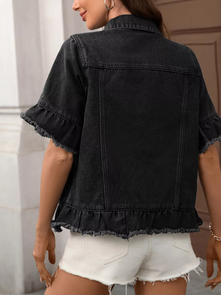 Ruffled raw-hem short-sleeve denim jacket