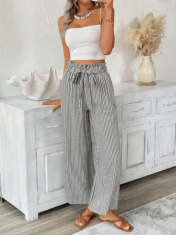 Striped wide-leg paper bag pants with tie belt