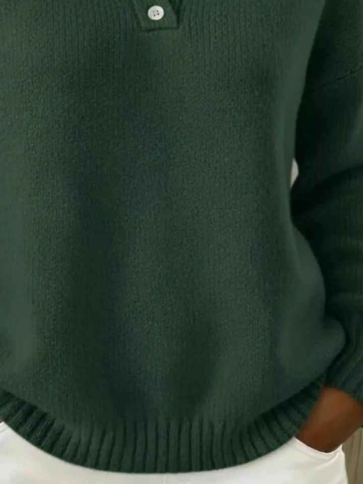 Dropped shoulder polo collar button knit sweater