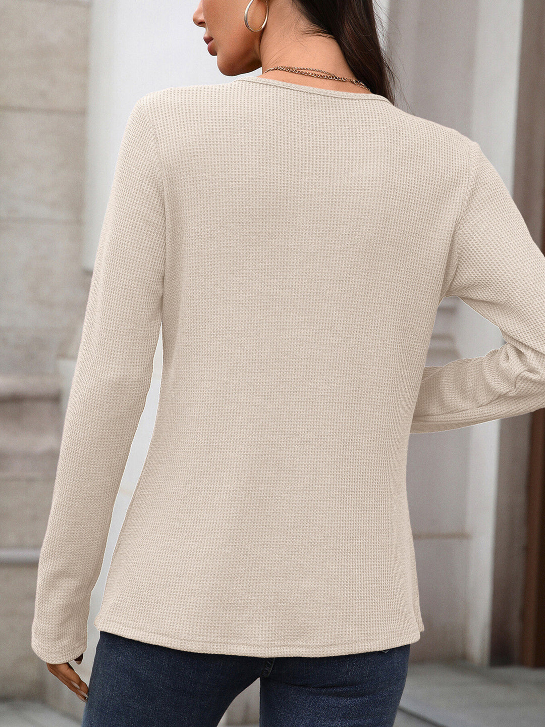 Waffle knit long sleeve henley top with button placket