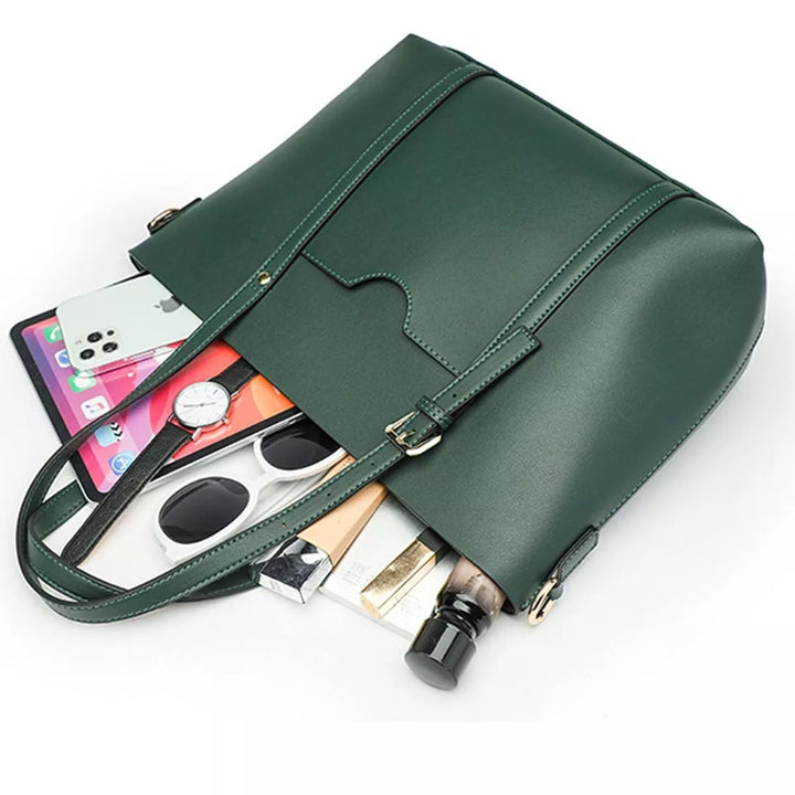 Faux leather tote bag with buckle strap and crossbody strap