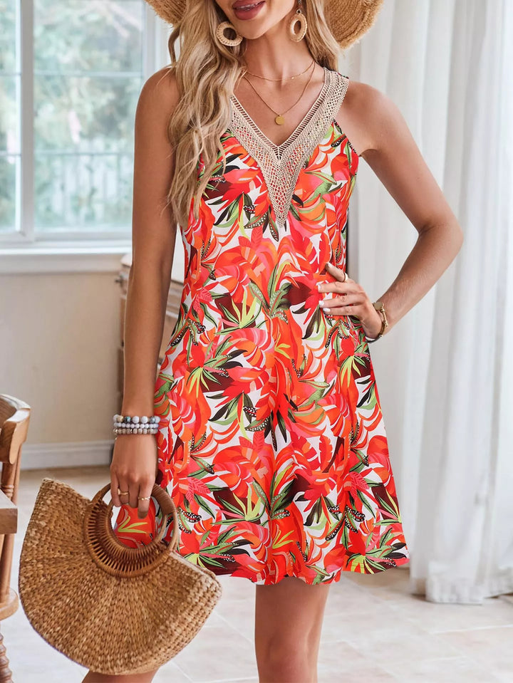 Red Tropical leaf print V-neck mini dress with crochet trim