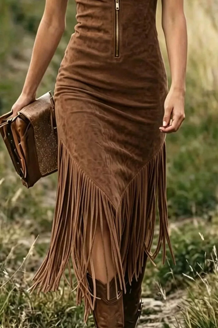 Faux suede fringe hem zip-front sleeveless midi dress