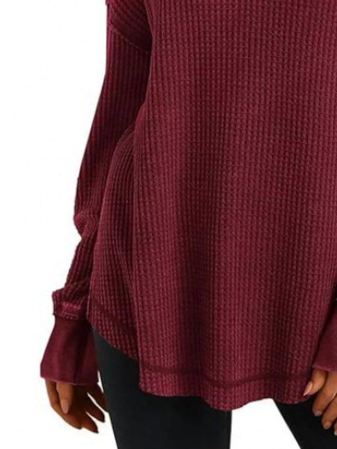 Waffle knit notched neck long sleeve tunic top