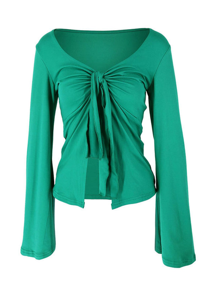 Green Tie-front long sleeve top with open cascading front