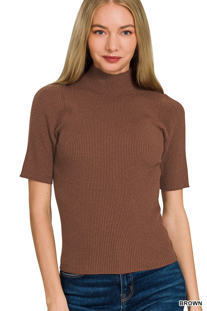 BROWN Ribbed mock neck short sleeve sweater top