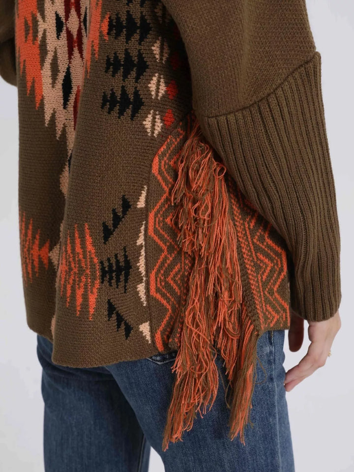 Aztec geometric fringe knit pullover sweater