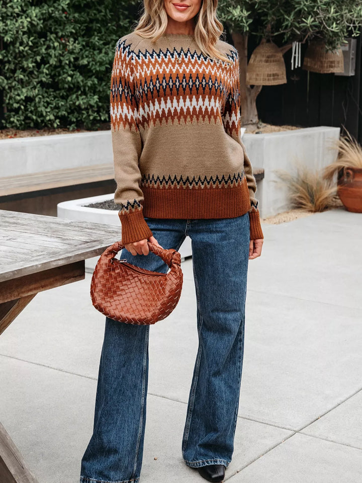 Fair Isle geometric knit crew neck sweater