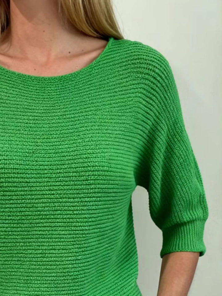 Ribbed knit round neck sweater with dolman sleeves