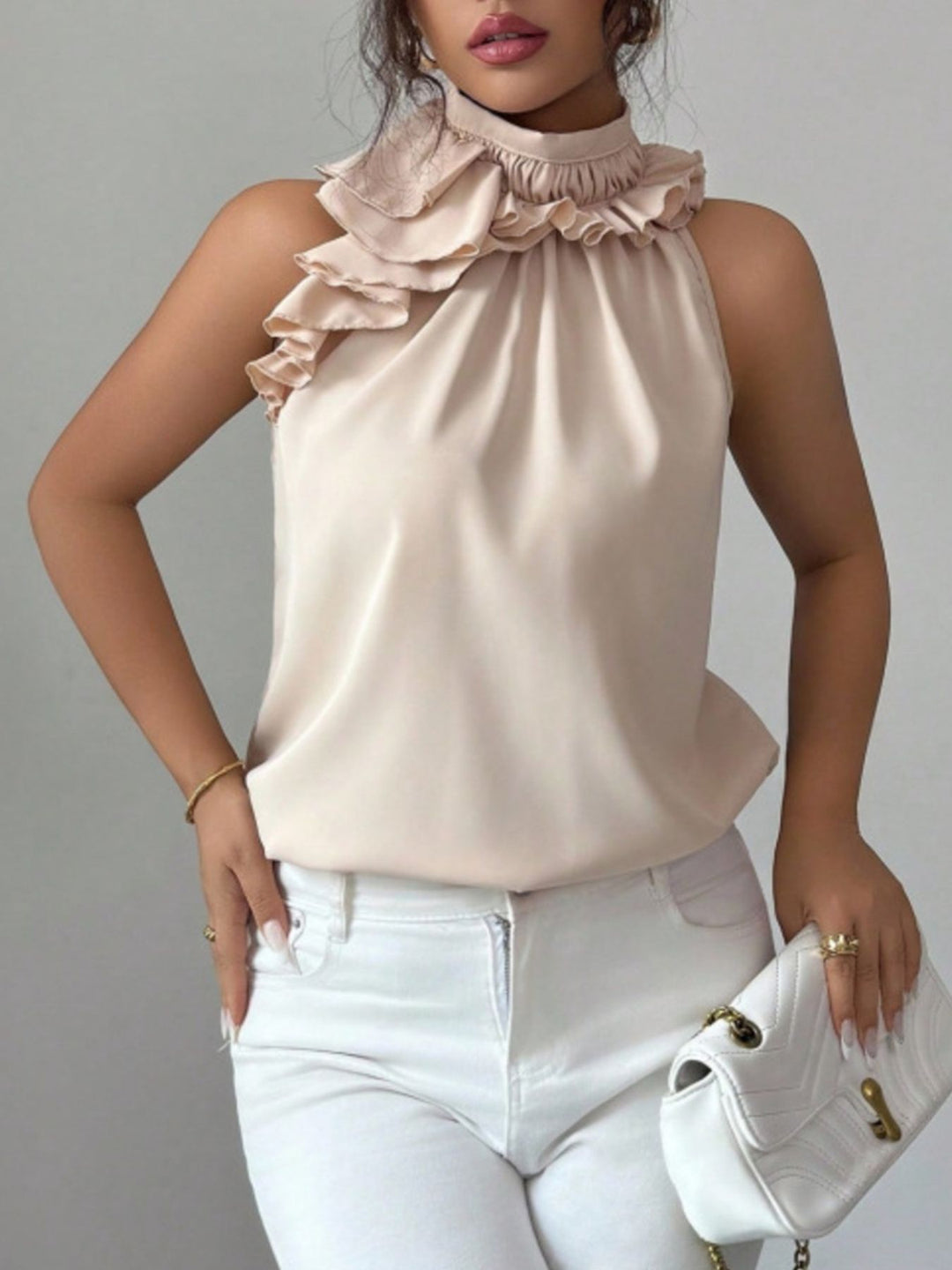 Flowy ruffle-trim high-neck sleeveless blouse