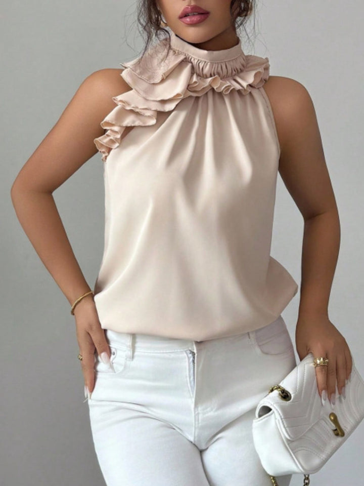 Flowy ruffle-trim high-neck sleeveless blouse