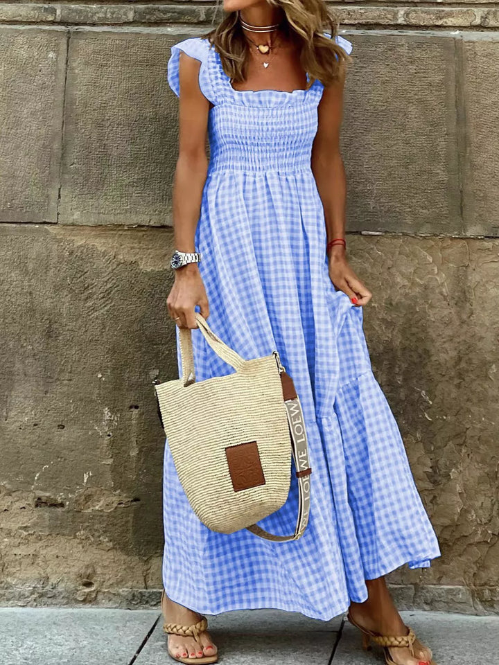 Sky Blue Gingham smocked ruffle maxi dress with flutter sleeves