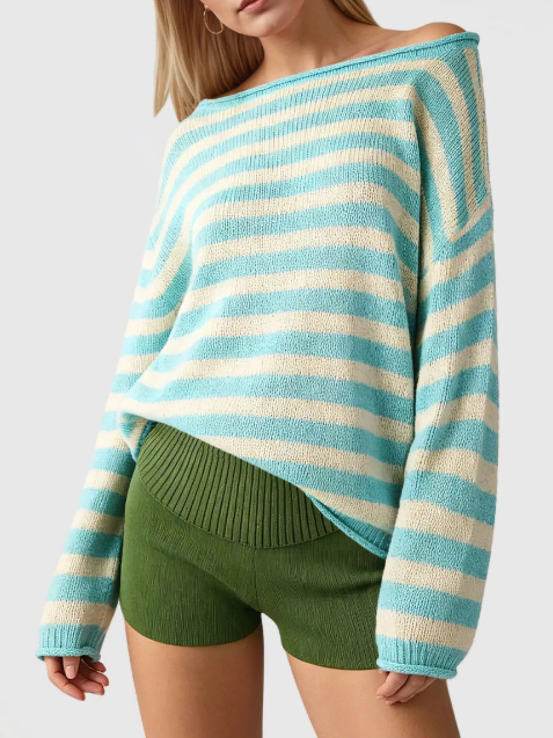 Striped oversized boat neck sweater with drop shoulders