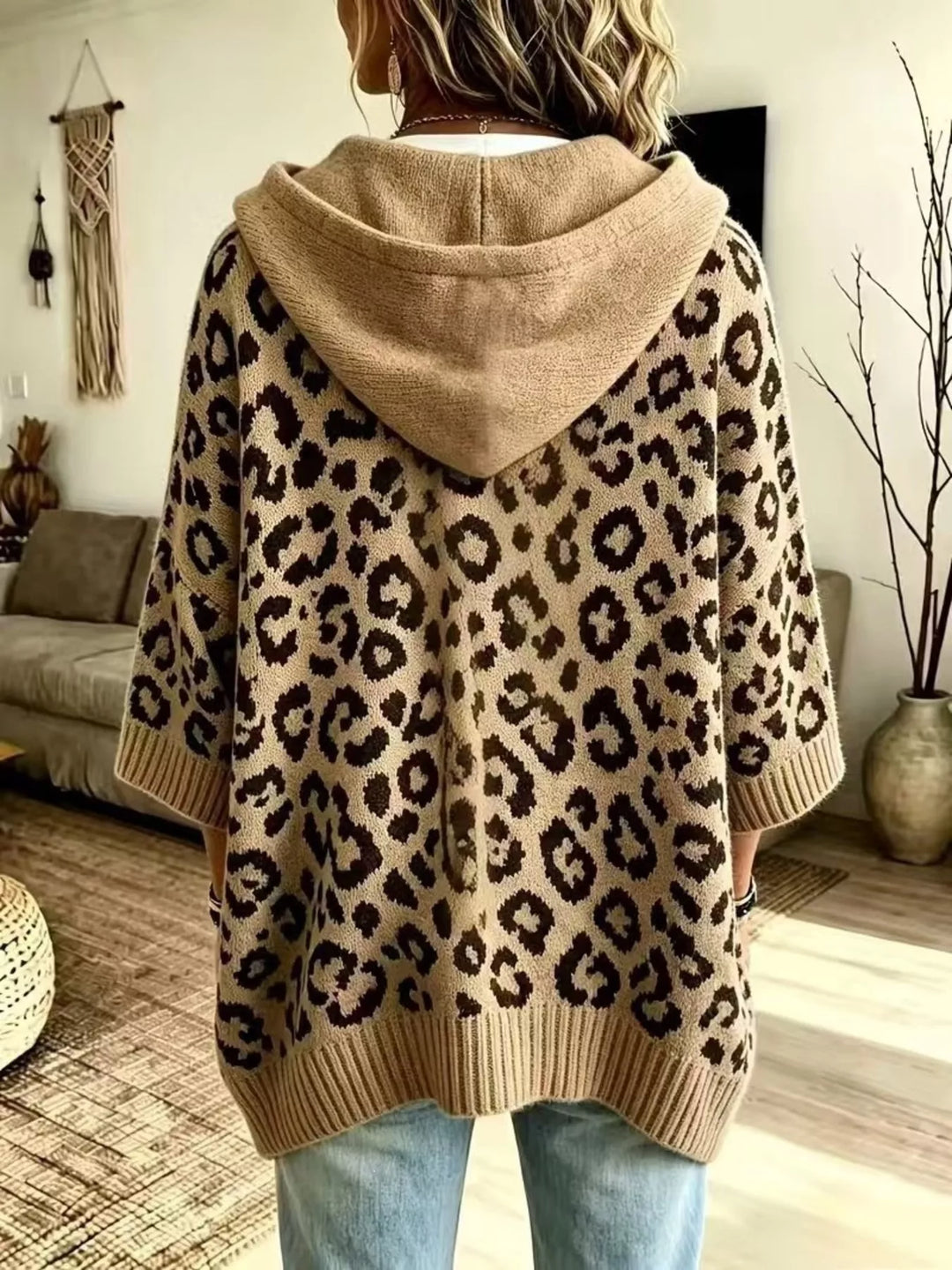 Leopard print drawstring hooded sweater with dolman sleeves