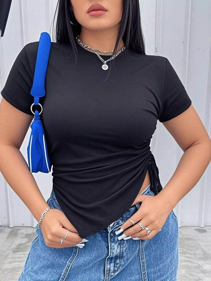 Ruched drawstring side-slit short sleeve tee