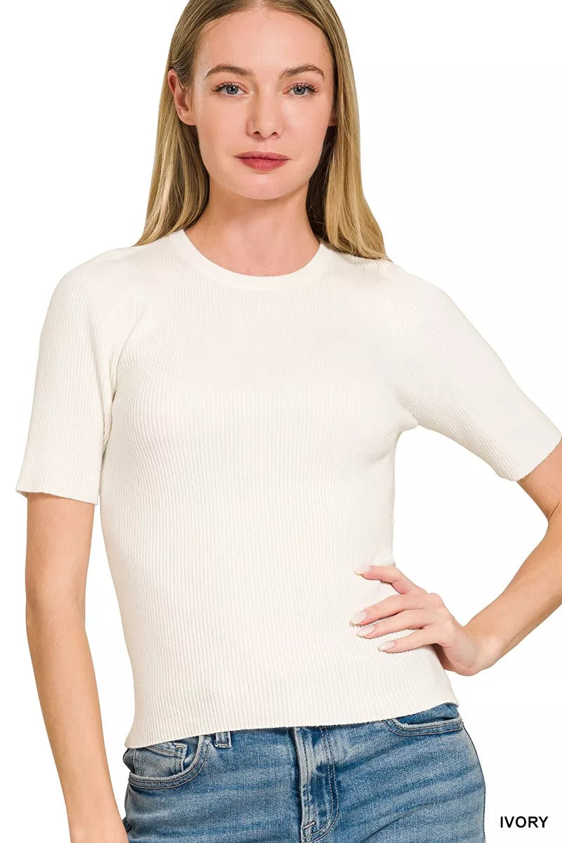 IVORY Ribbed viscose short-sleeve crew neck sweater top