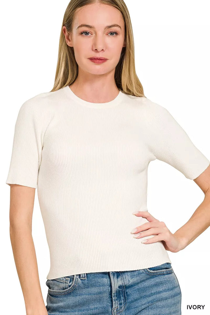 IVORY Ribbed viscose short-sleeve crew neck sweater top