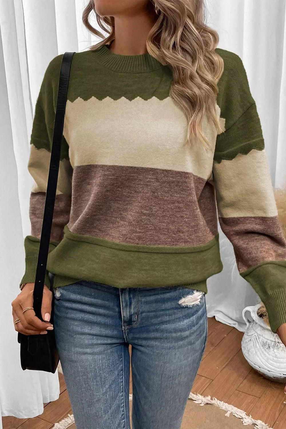 Multicolor Colorblock drop shoulder crew neck sweater with zigzag trim