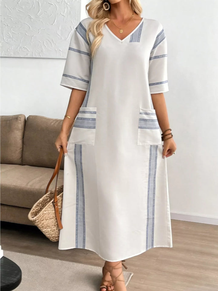 Striped V-neck maxi dress with patch pockets