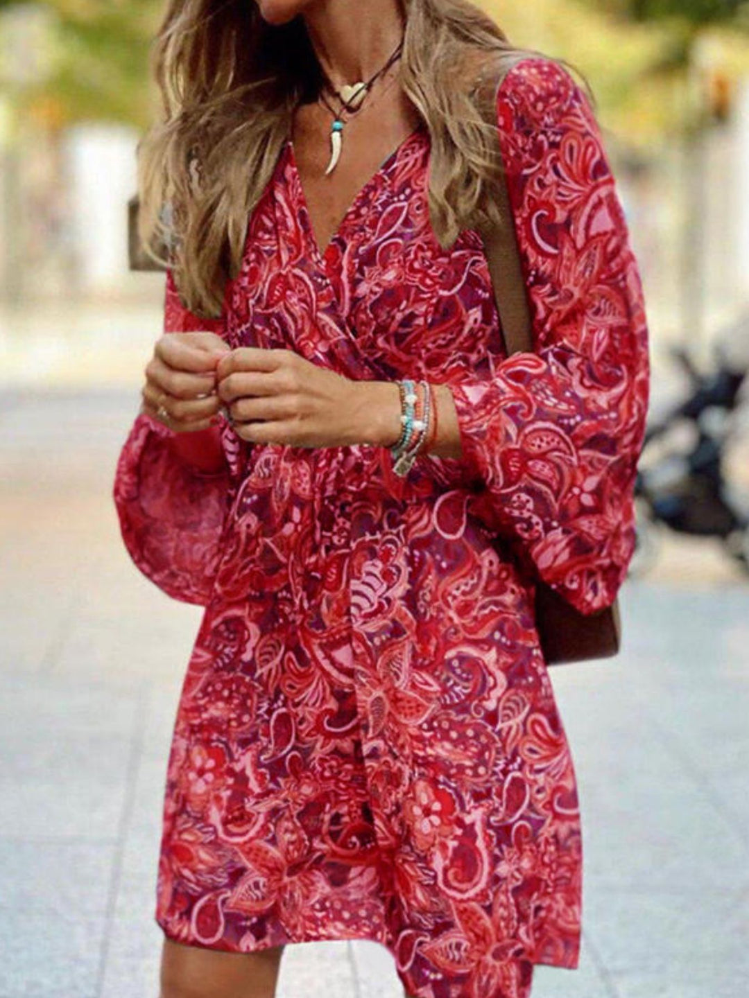 Red Paisley print balloon sleeve V-neck mini dress