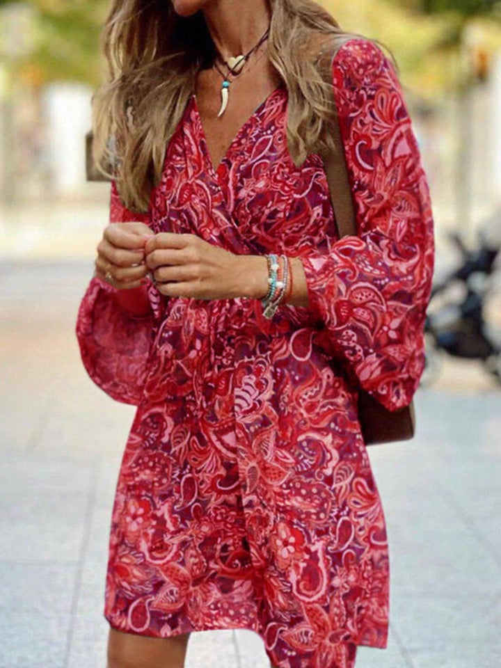 Red Paisley print balloon sleeve V-neck mini dress