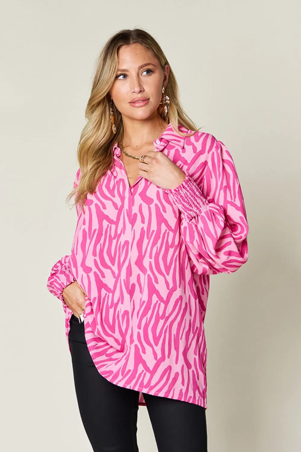 Deep Rose Zebra print smocked-cuff long sleeve blouse