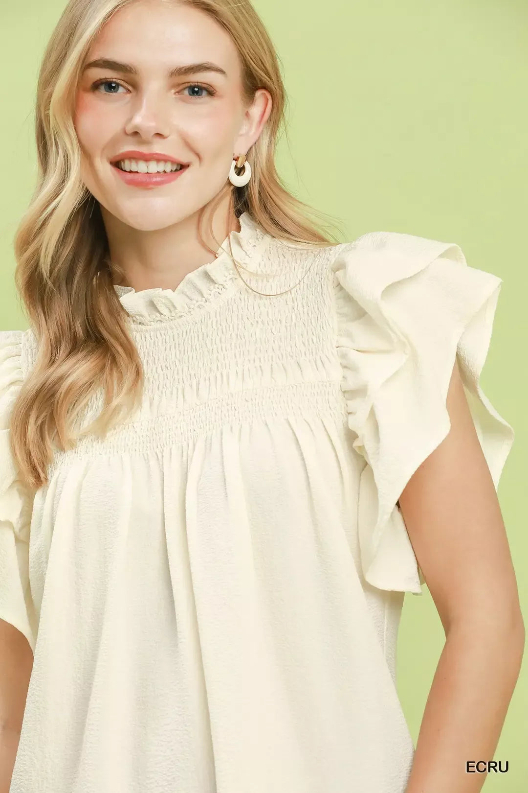 Smocked yoke ruffle flutter sleeve blouse