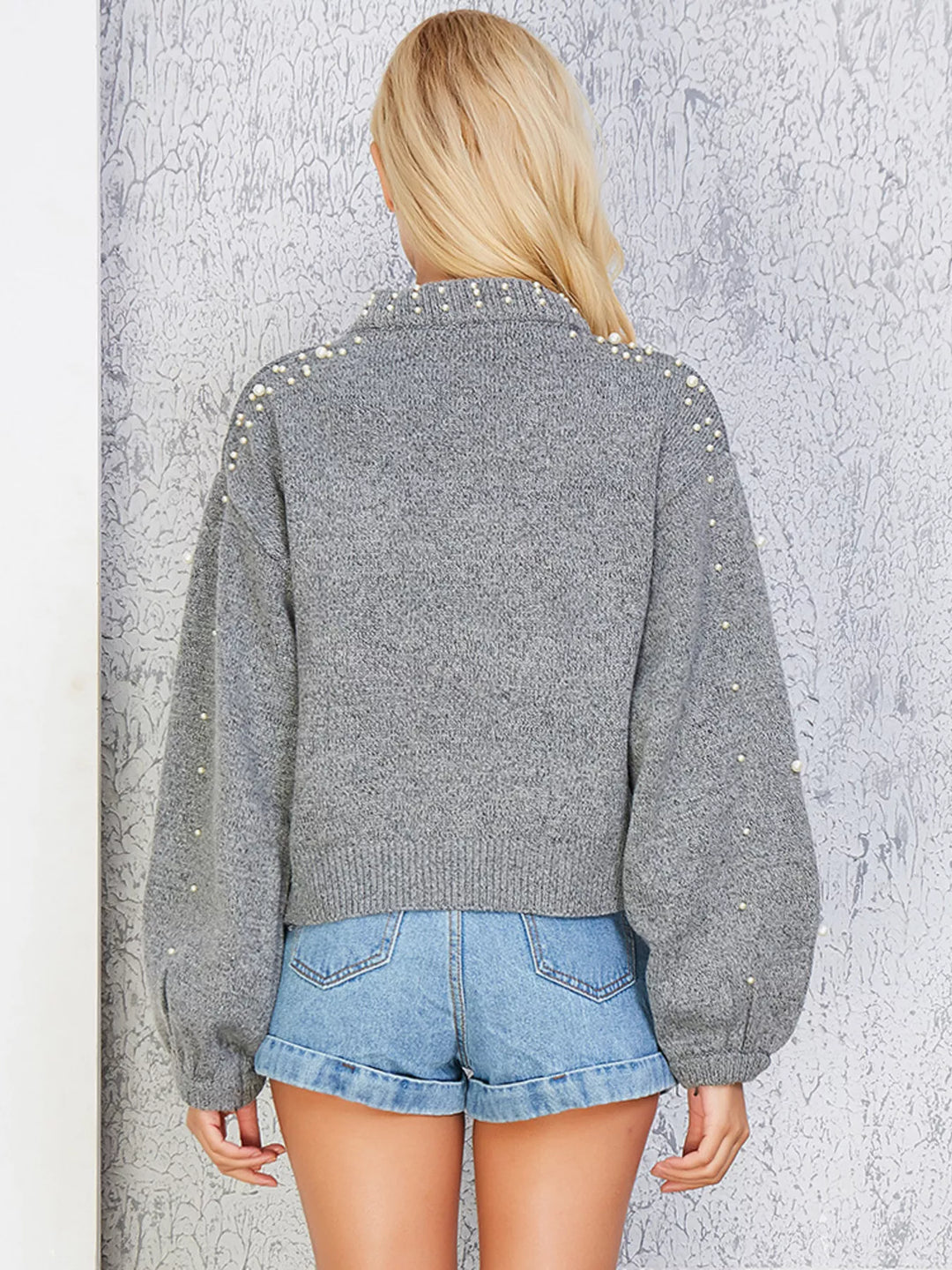 Pearl-embellished mock neck sweater with balloon sleeves