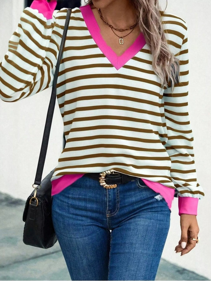 Khaki Striped V-neck long sleeve top with contrast trim