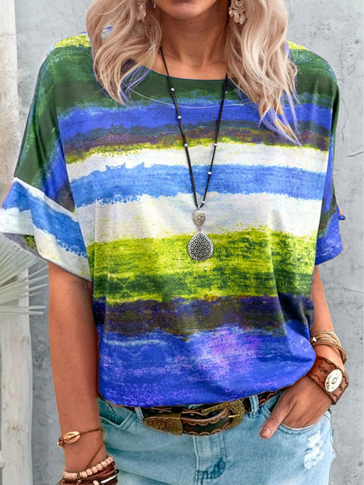 Blue Abstract stripe round-neck short sleeve t-shirt
