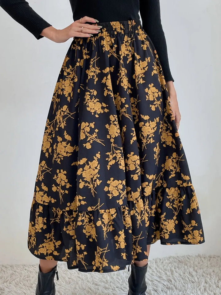 Flared ruffle-tier midi skirt with elastic waist