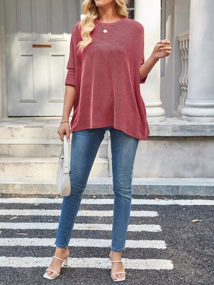 Ribbed knit dolman-sleeve relaxed crew neck top