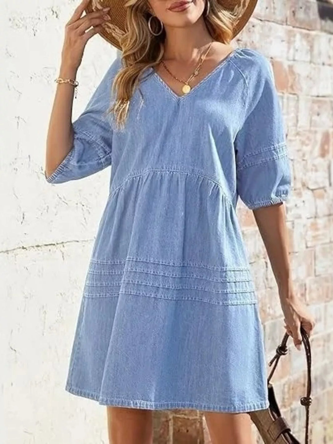 Light Blue V-neck puff sleeve denim mini dress with pintuck pleating