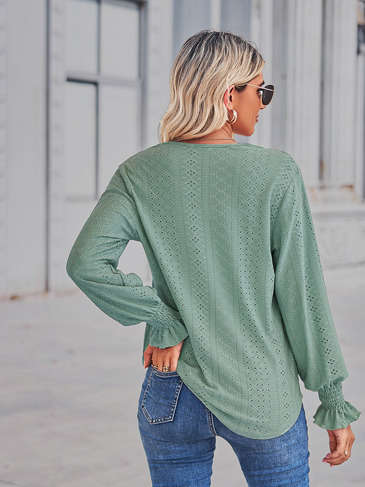 Eyelet V-neck blouse with lace trim and flounce sleeves