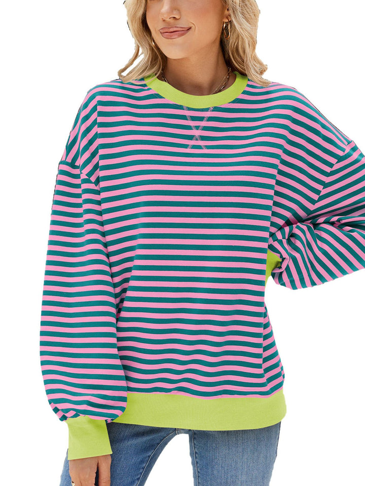 Lilac Striped crew neck sweatshirt with contrast ribbed trim