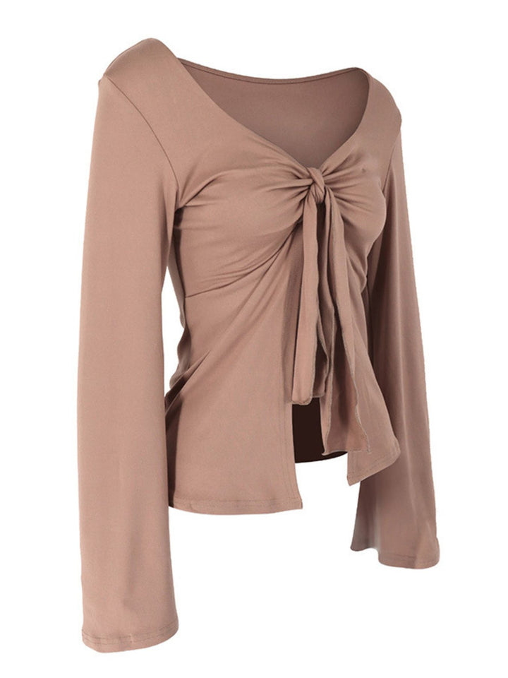 Tie-front long sleeve top with open cascading front