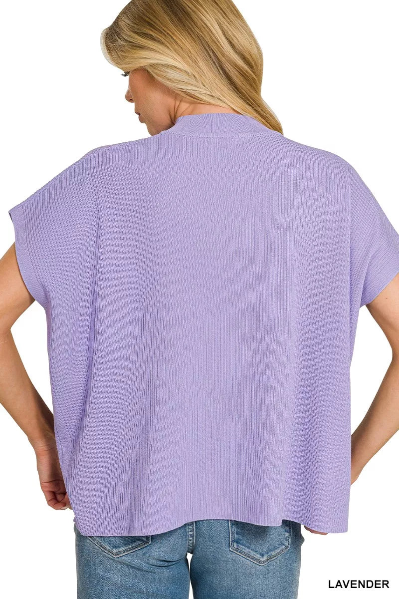 Ribbed knit mock neck short sleeve boxy sweater